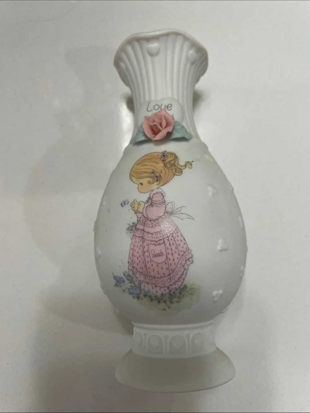 Precious Moments White Porcelain Vase with Pink Rose and Pink-Dressed Girl